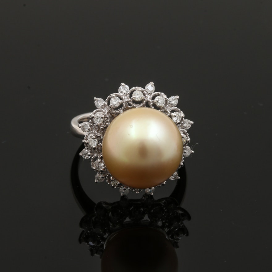 14K White Gold Cultured South Sea Pearl and Diamond Cocktail Ring