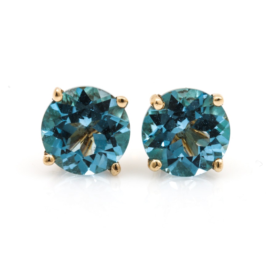 14K Yellow Gold Blue Topaz Stud Earrings