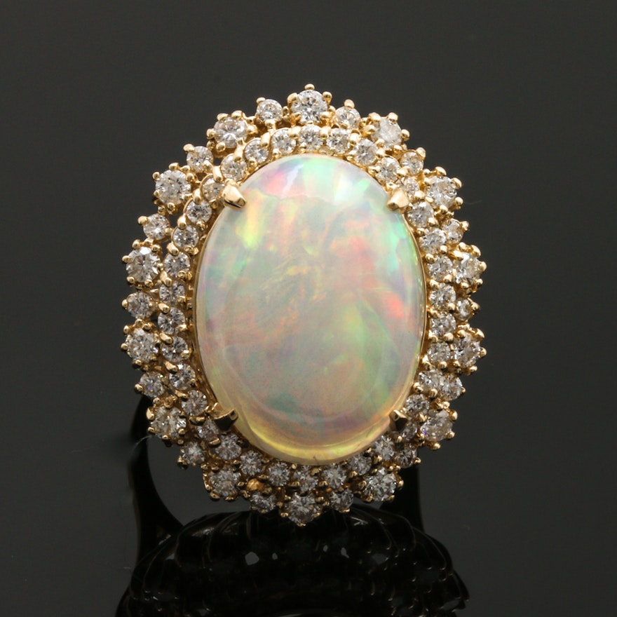 14K Yellow Gold 9.74 CT Opal and 1.50 CTW Diamond Cocktail Ring