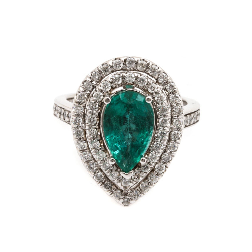 14K White Gold 2.01 CT Emerald and 0.93 CTW Diamond Ring