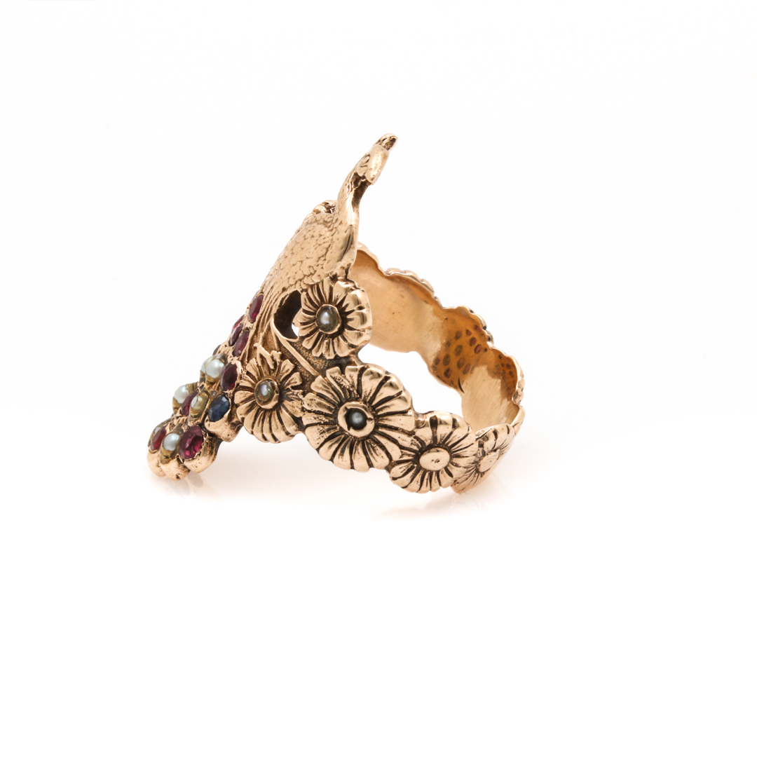 14K Yellow Gold Ruby, Sapphire, and Seed Pearl Peacock Ring