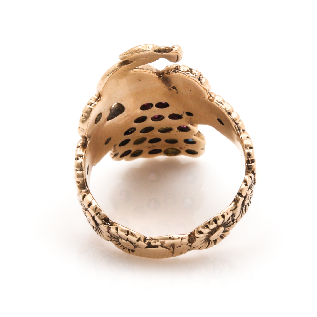 14K Yellow Gold Ruby, Sapphire, and Seed Pearl Peacock Ring