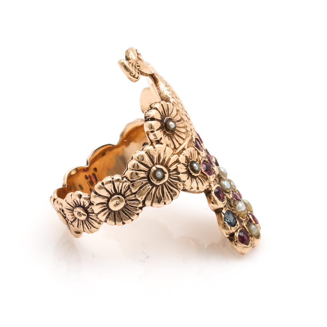 14K Yellow Gold Ruby, Sapphire, and Seed Pearl Peacock Ring