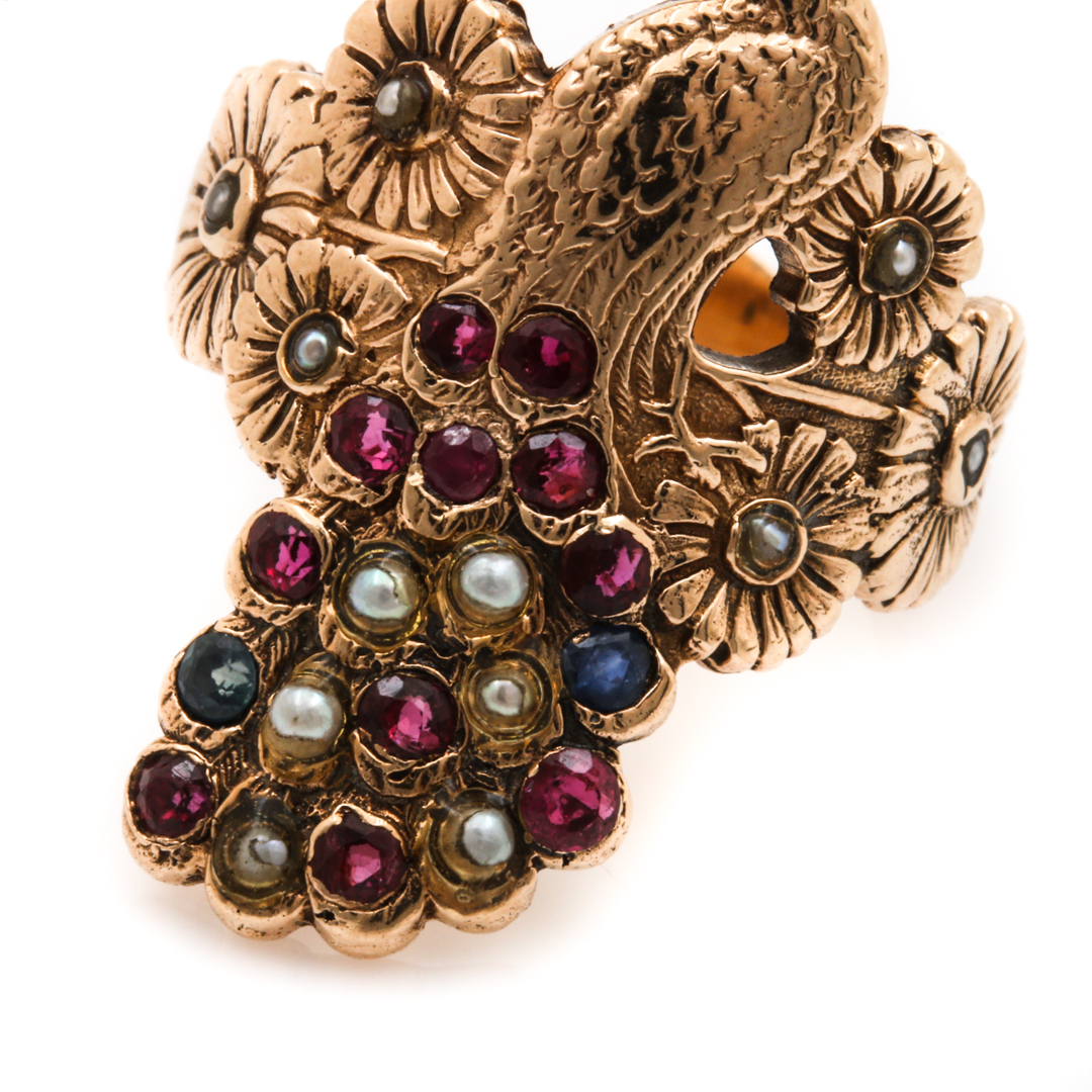 14K Yellow Gold Ruby, Sapphire, and Seed Pearl Peacock Ring