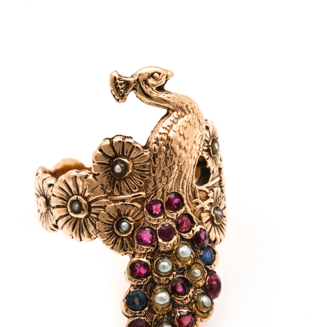 14K Yellow Gold Ruby, Sapphire, and Seed Pearl Peacock Ring