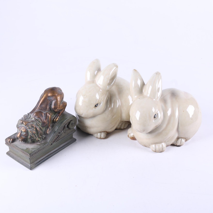 Pair of Bunny Figurines and a Lion