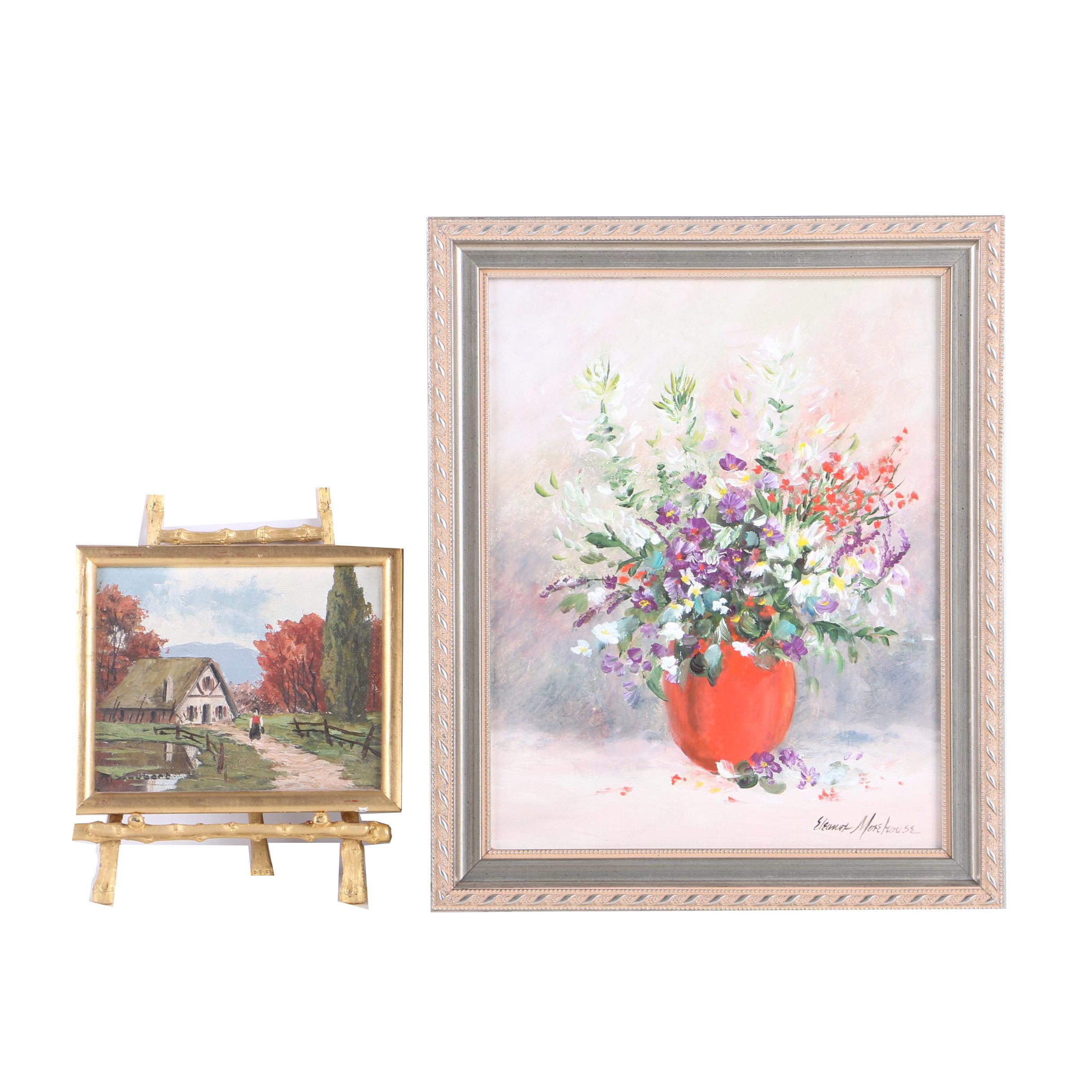 Eleanor Morehouse Oil Painting of a Floral Still Life and Landscape