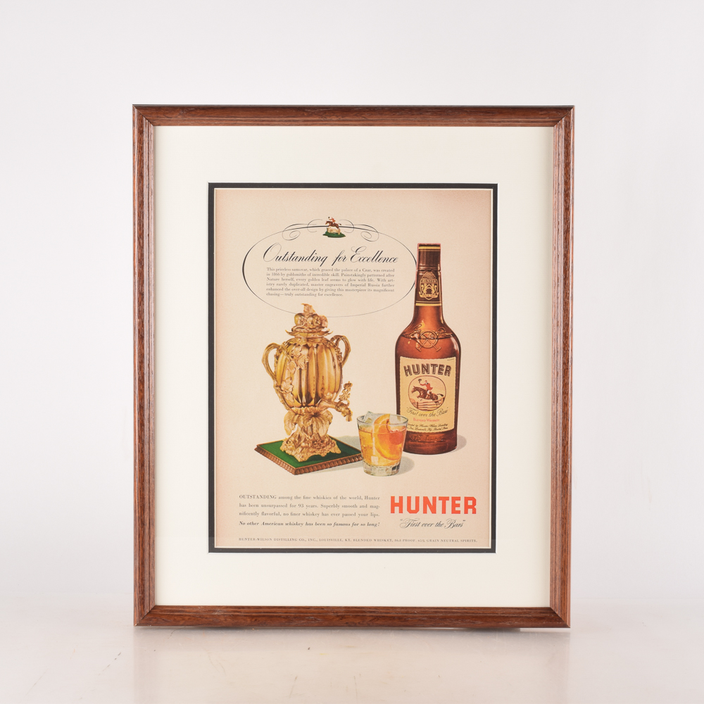 Framed Vintage "Hunter Blended Whiskey" Advertisement Circa 1947