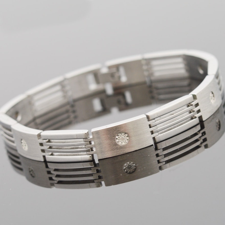 Stainless Steel 10K White Gold Set Diamond Link Bracelet