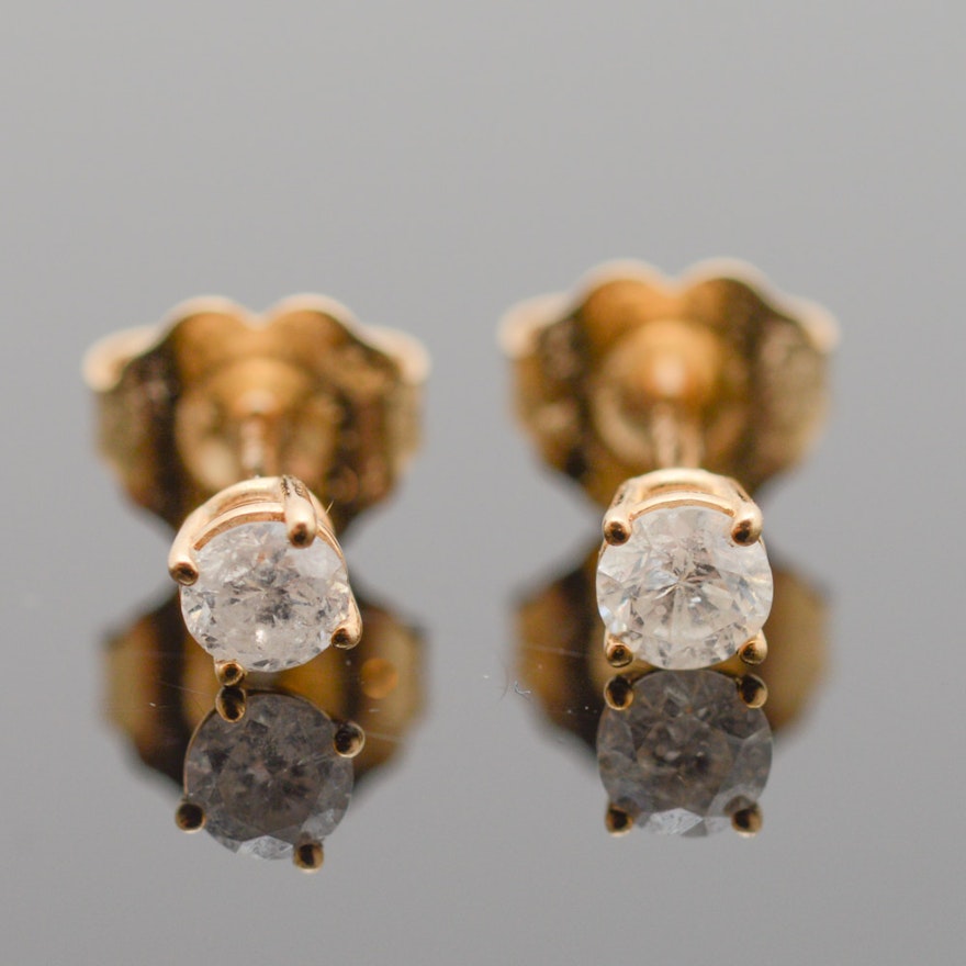 14K Yellow Gold Diamond Solitaire Stud Earrings