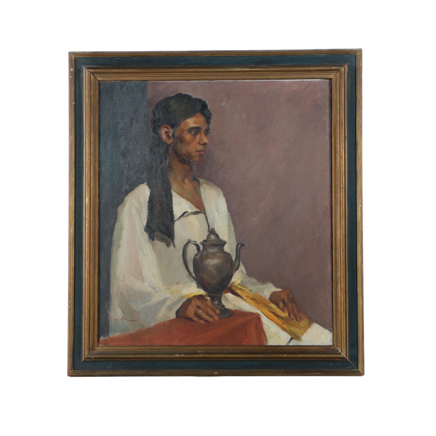 Ann Louise Snider Oil Painting on Canvas of a Man Holding a Teapot