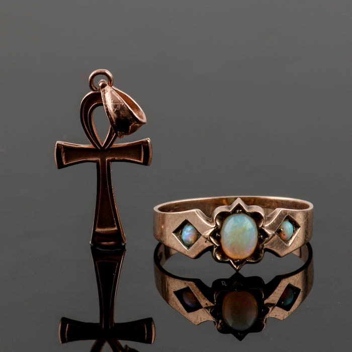 10K Rose Gold Opal Ring and Ankh Cross Pendant