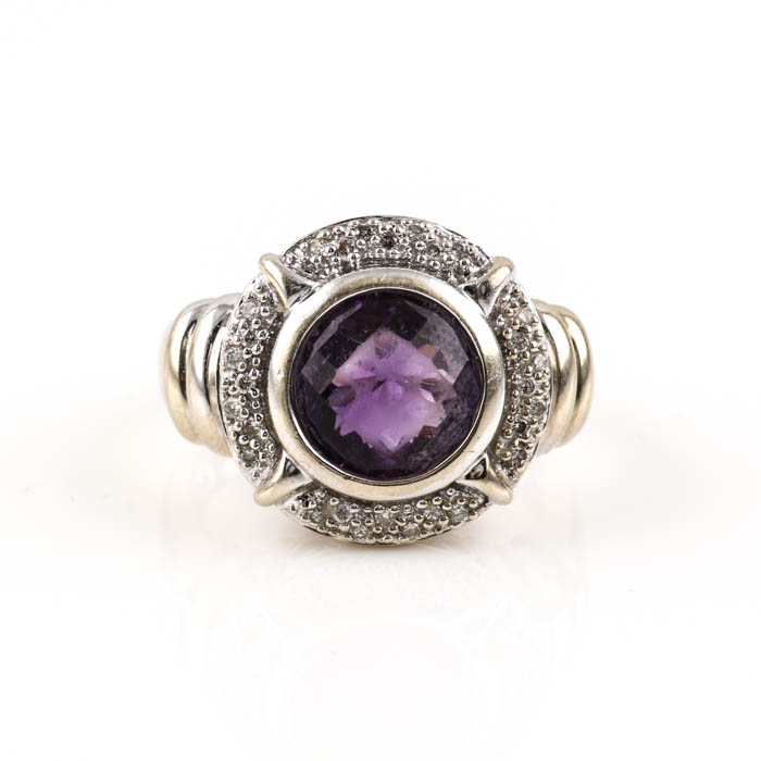 14K White Gold Amethyst and Diamond Ring