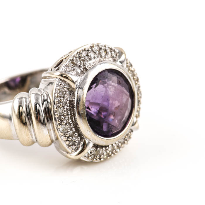 14K White Gold Amethyst and Diamond Ring
