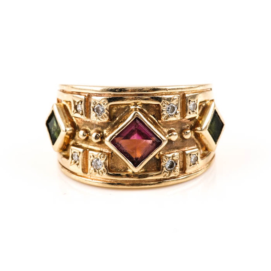 14K Yellow Gold Pink and Green Tourmaline with Diamond Ring