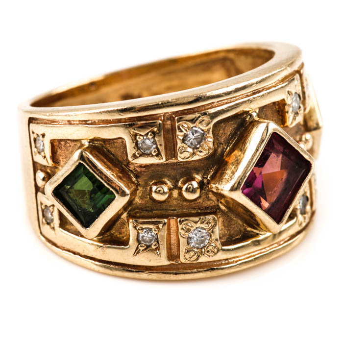 14K Yellow Gold Pink and Green Tourmaline with Diamond Ring