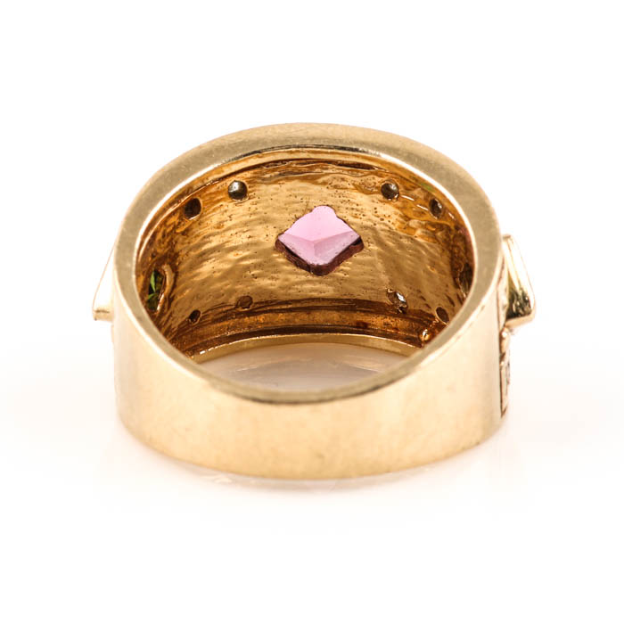 14K Yellow Gold Pink and Green Tourmaline with Diamond Ring
