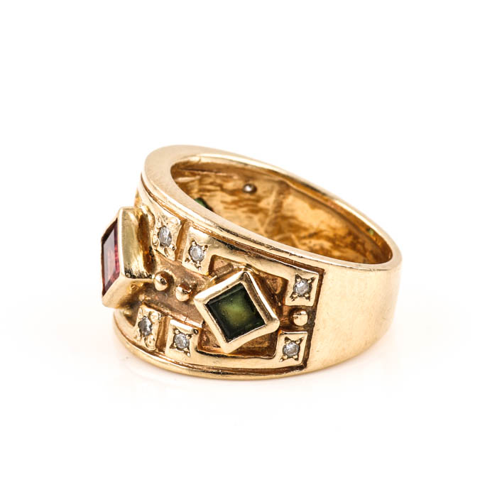 14K Yellow Gold Pink and Green Tourmaline with Diamond Ring