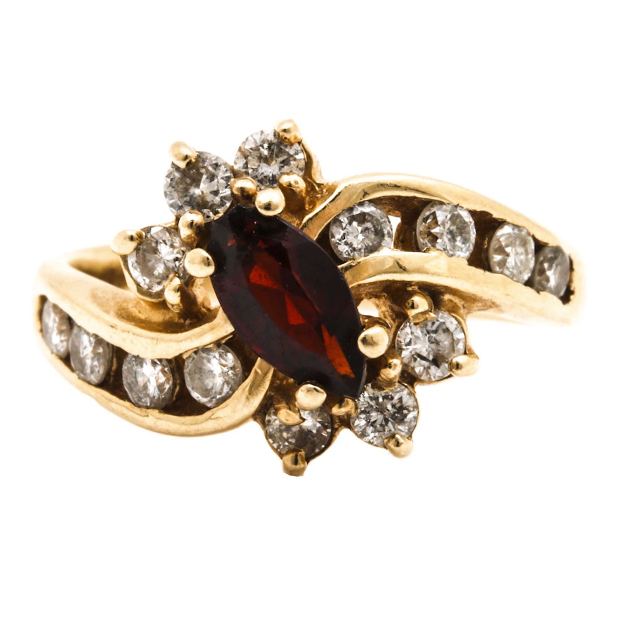 14K Yellow Gold Garnet and Diamond Ring