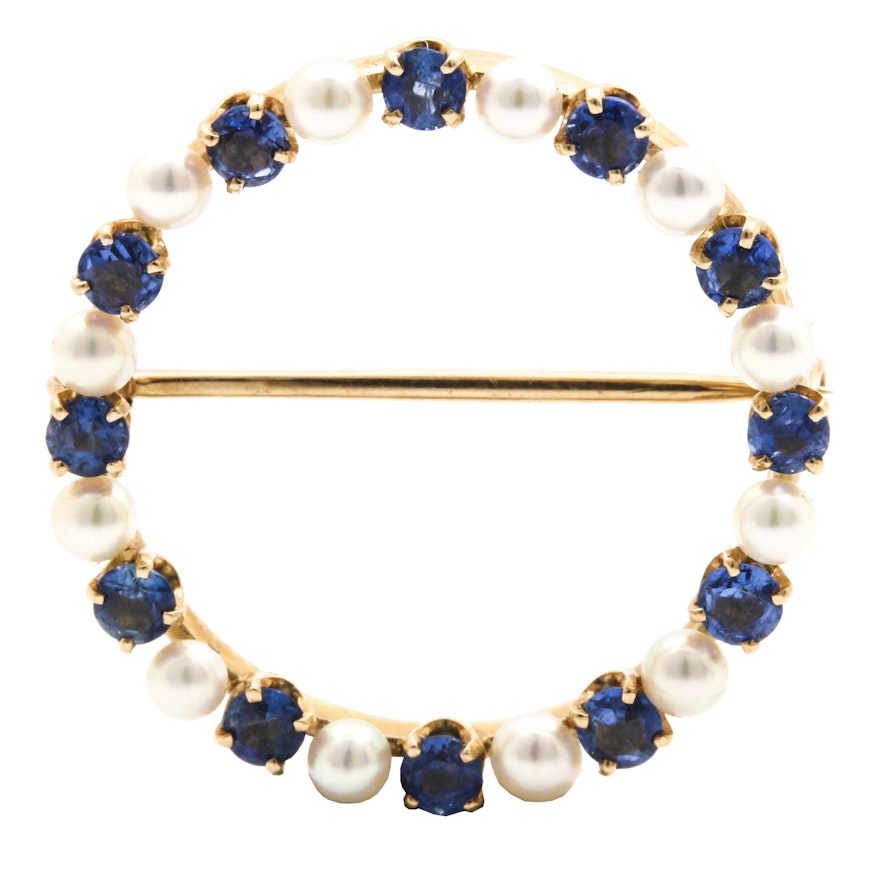 14K Yellow Gold Sapphire and Cultured Pearl Brooch