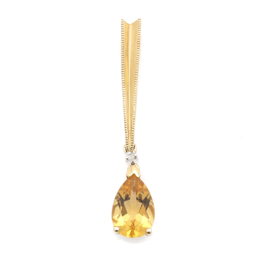 14K Yellow Gold Citrine and Diamond Pendant