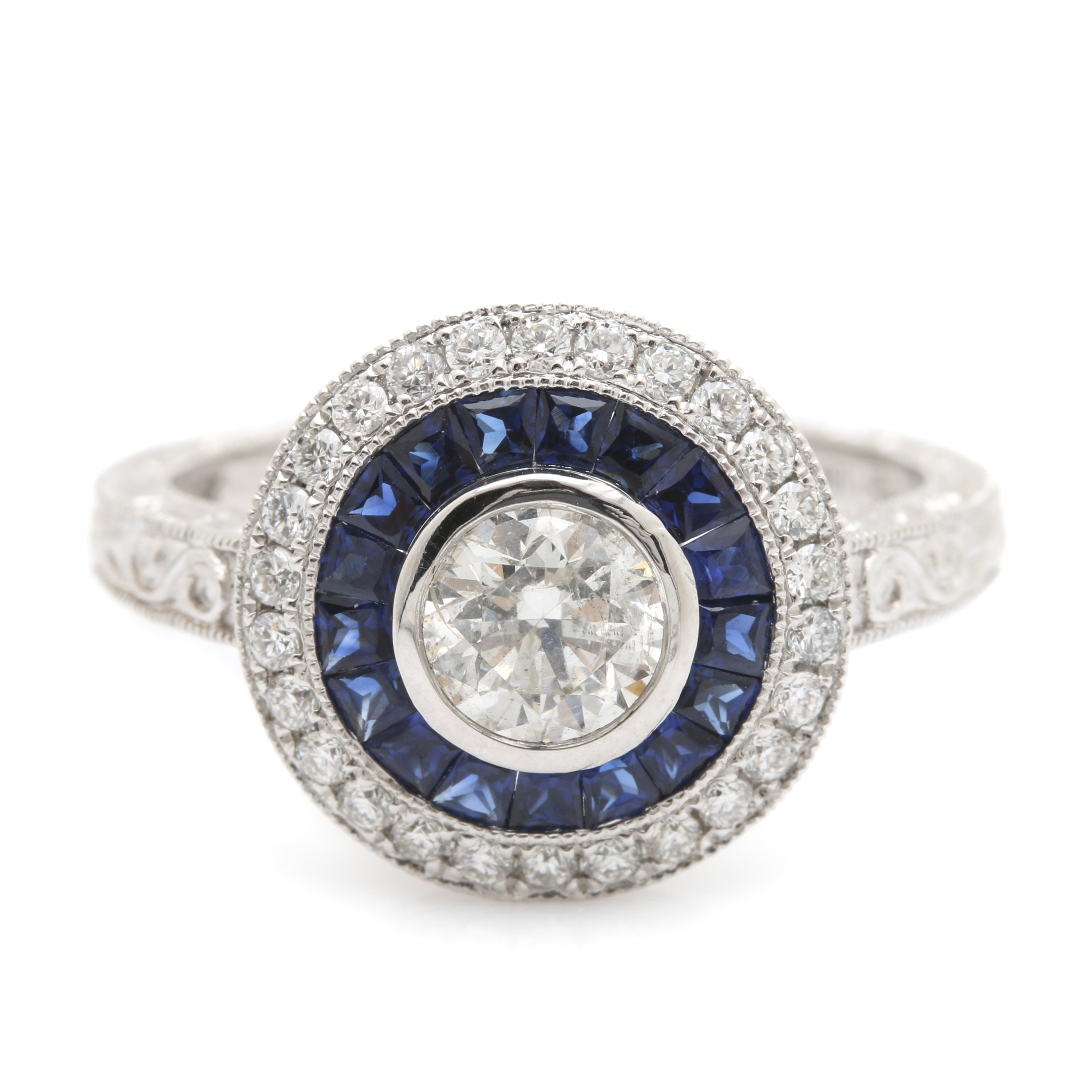 18K White Gold Sapphire and Diamond Halo Ring