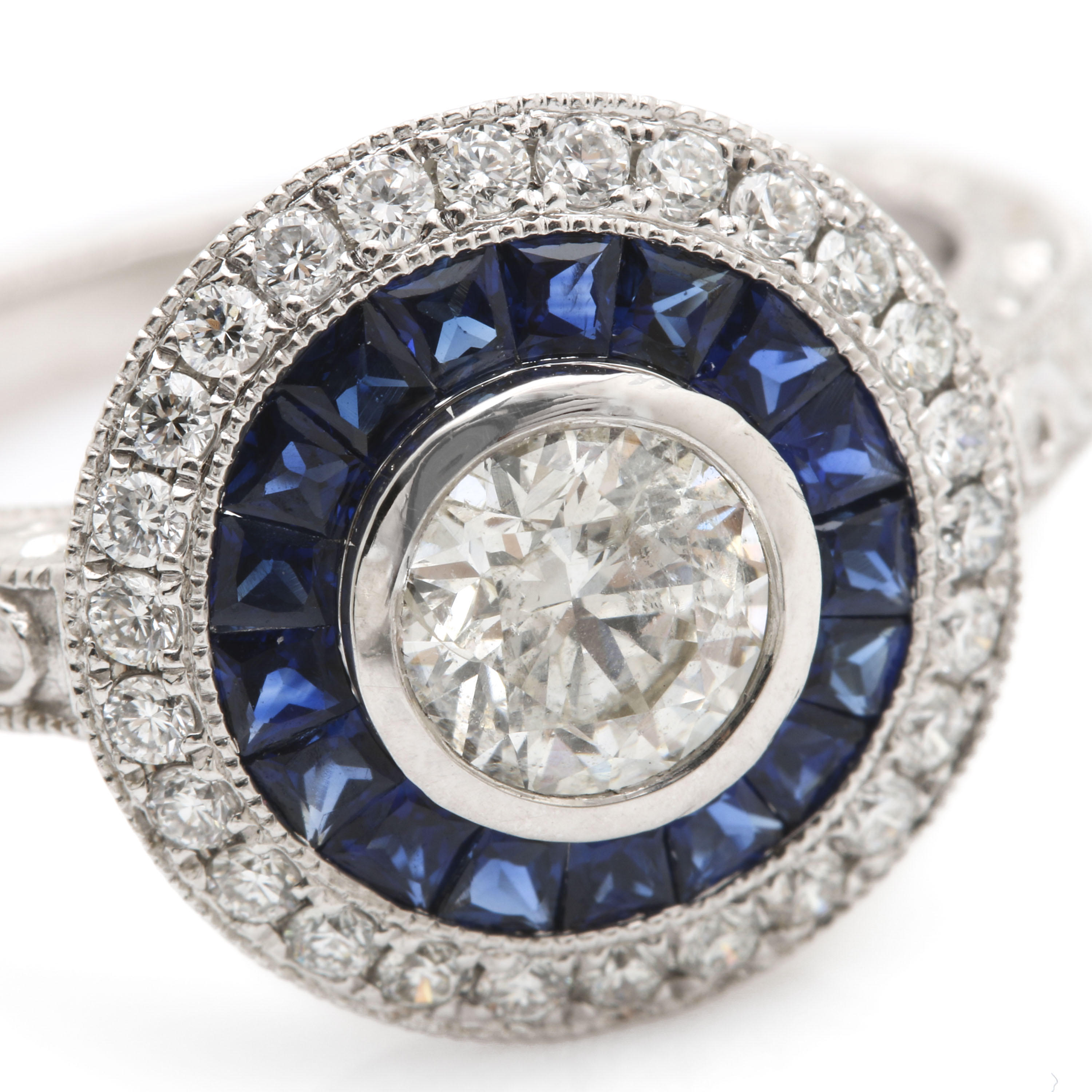 18K White Gold Sapphire and Diamond Halo Ring