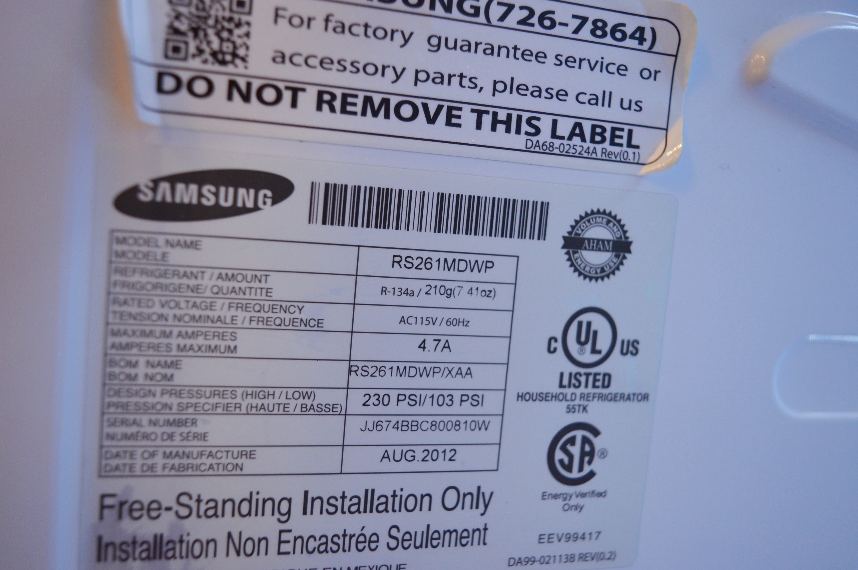 Samsung White Side by Side Refrigerator Freezer