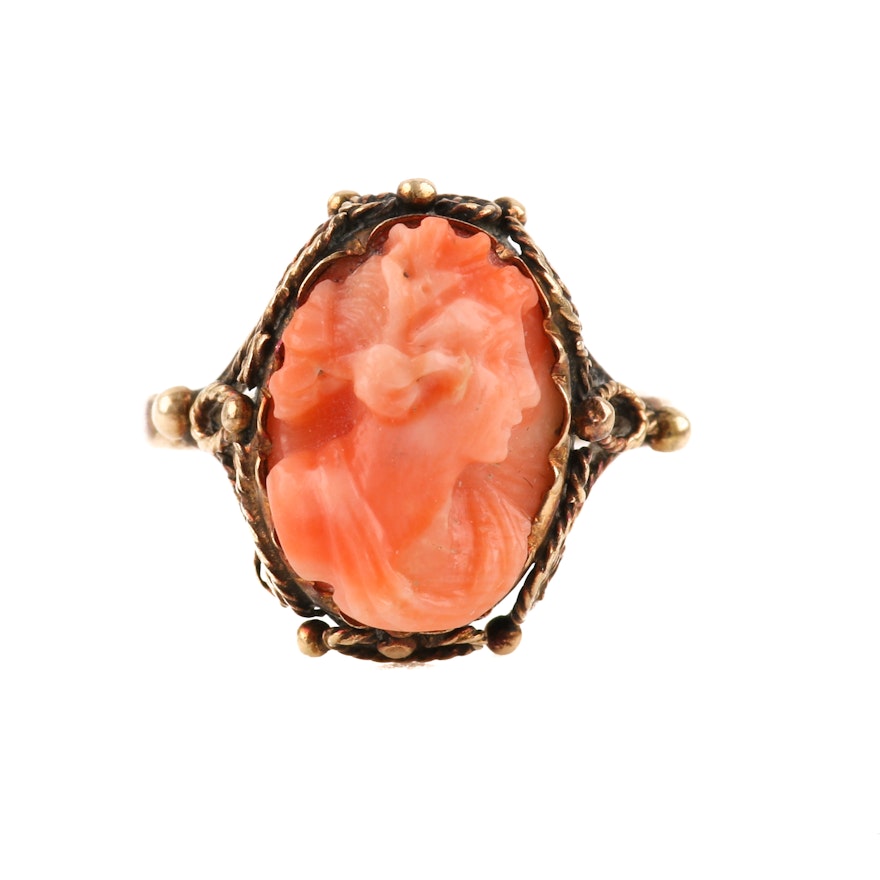 10K Yellow Gold Coral Cameo Ring