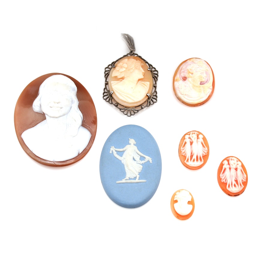 Sterling Silver Carved Shell Cameo Pendant Including an Assortment of Cameos