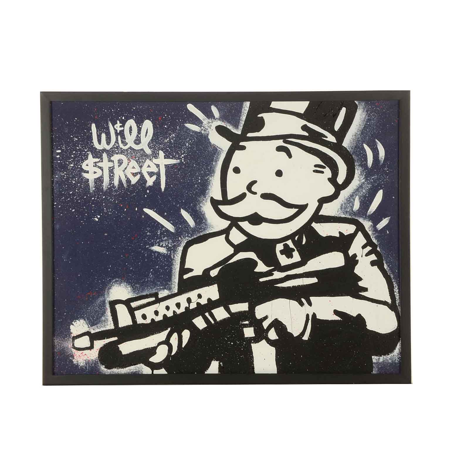 Will Street Original Acrylic Painting on Canvas "Monopoly Man with Machine Gun"
