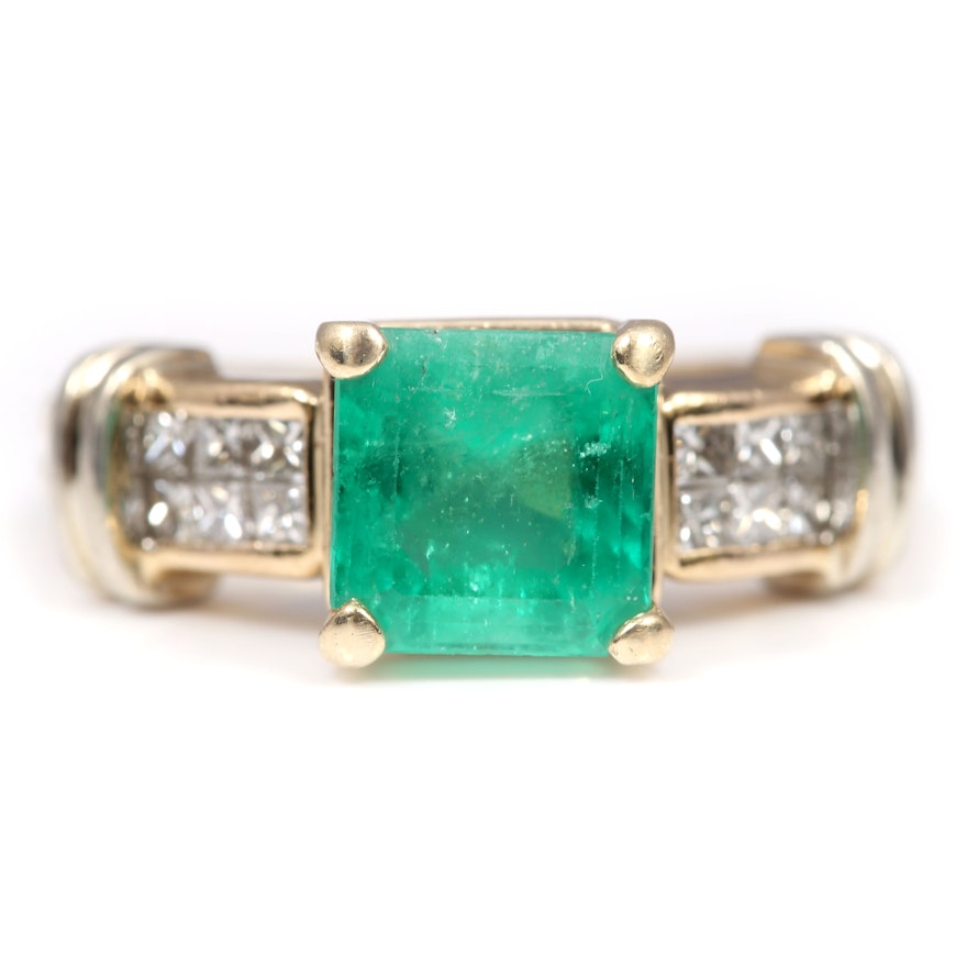 Magic Glo 14K Yellow Gold 2.30 CT Emerald and Princess Cut Diamond Ring