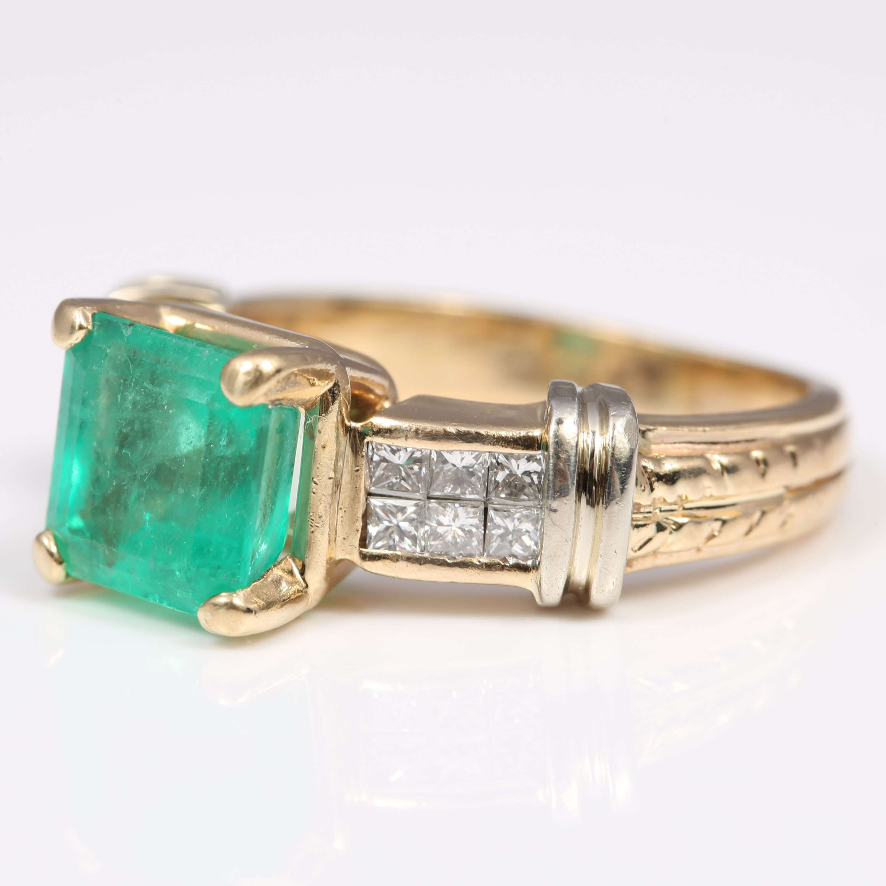 Magic Glo 14K Yellow Gold 2.30 CT Emerald and Princess Cut Diamond Ring