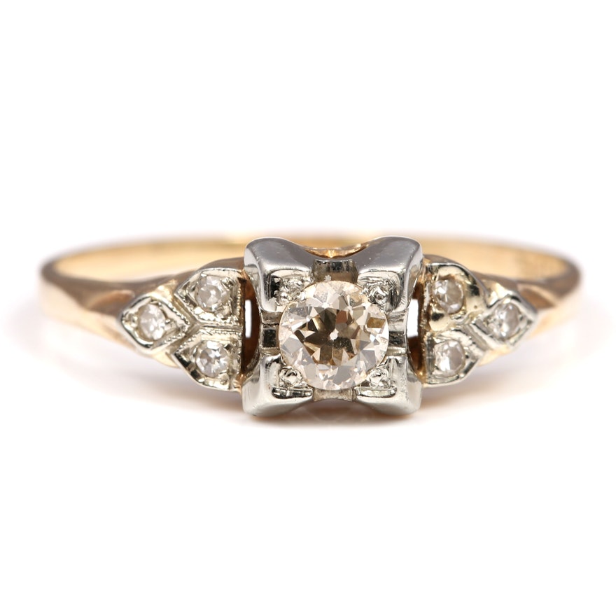 1930s 14K Yellow Gold Old European Cut Diamond Ring with 18K White Gold Prongs