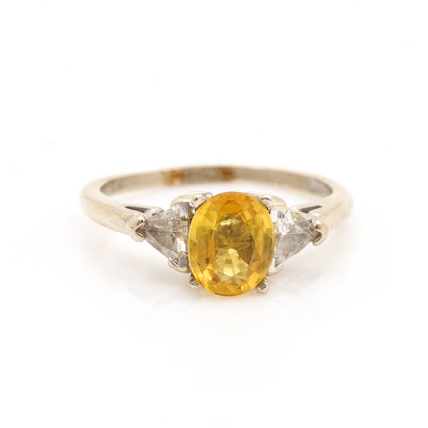 14K White Gold 1.11 CT Yellow Sapphire and Diamond Ring