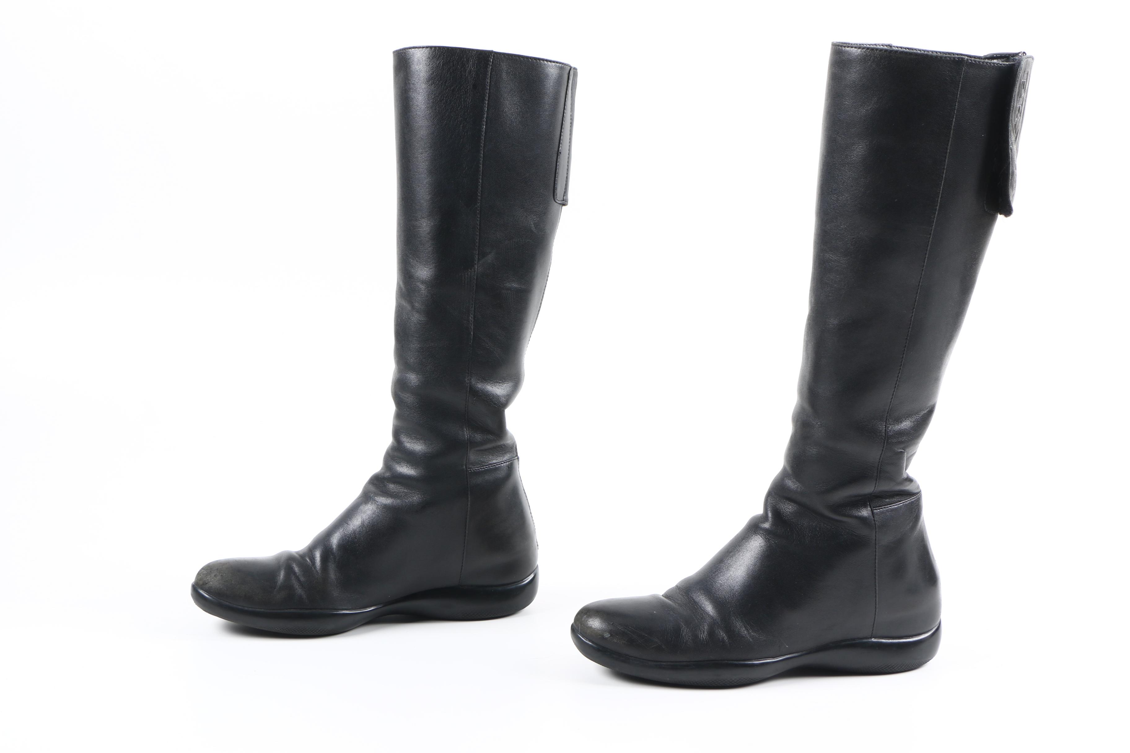 Prada Sport Black Leather Knee-High Boots