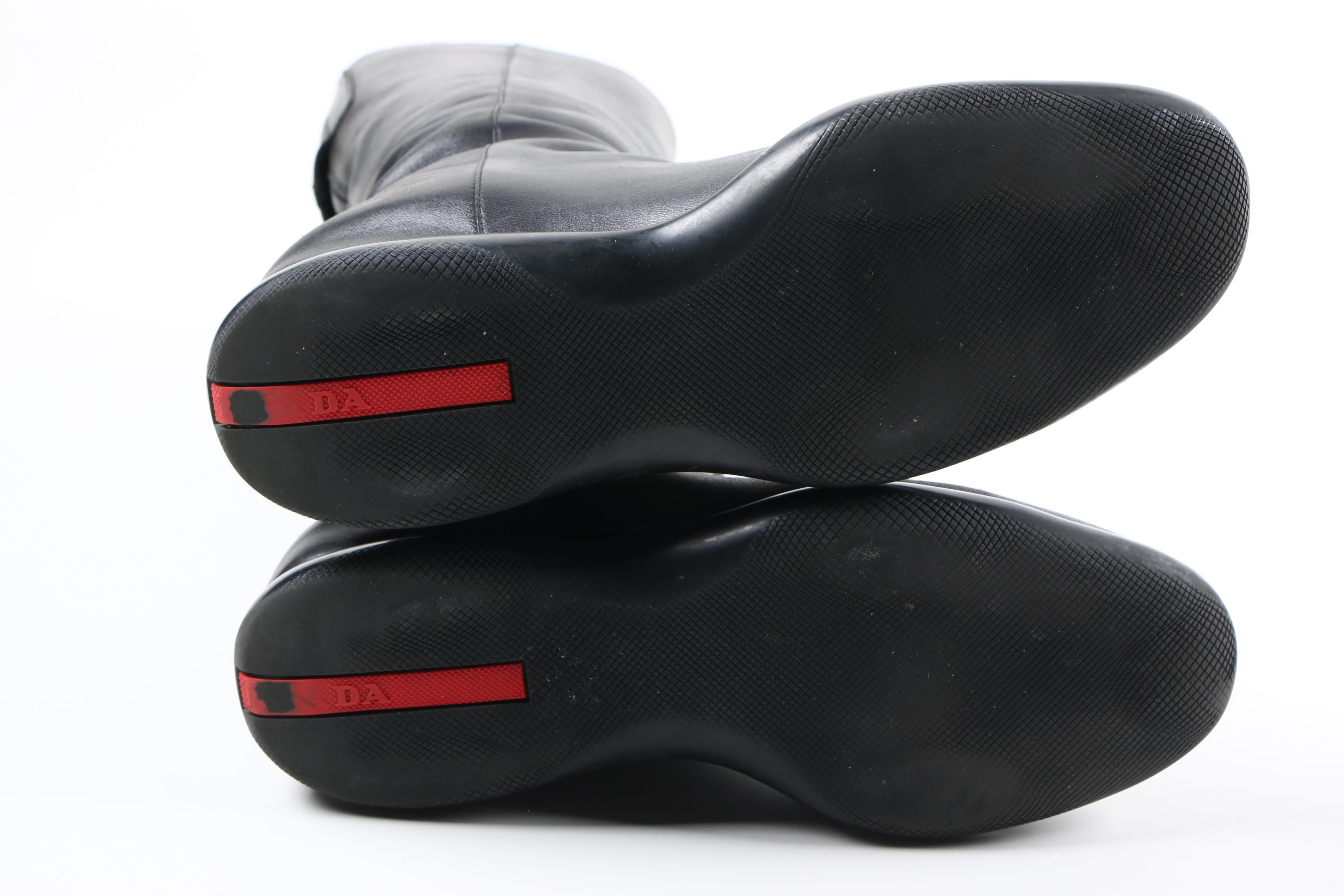 Prada Sport Black Leather Knee-High Boots