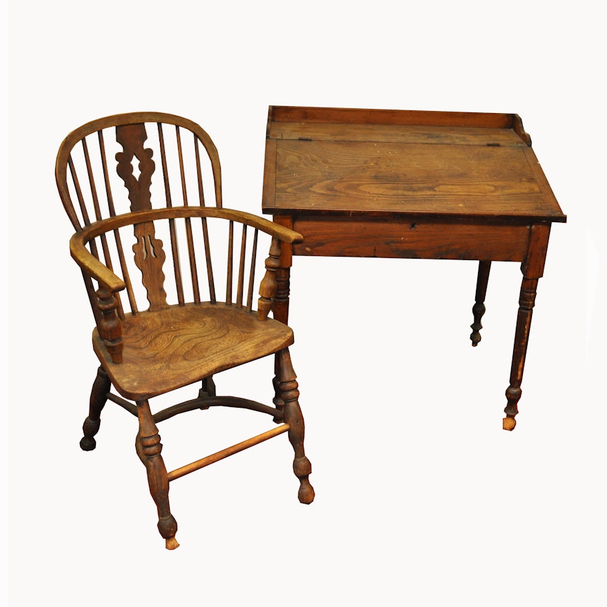 Antique Wooden Writing Desk and Chair