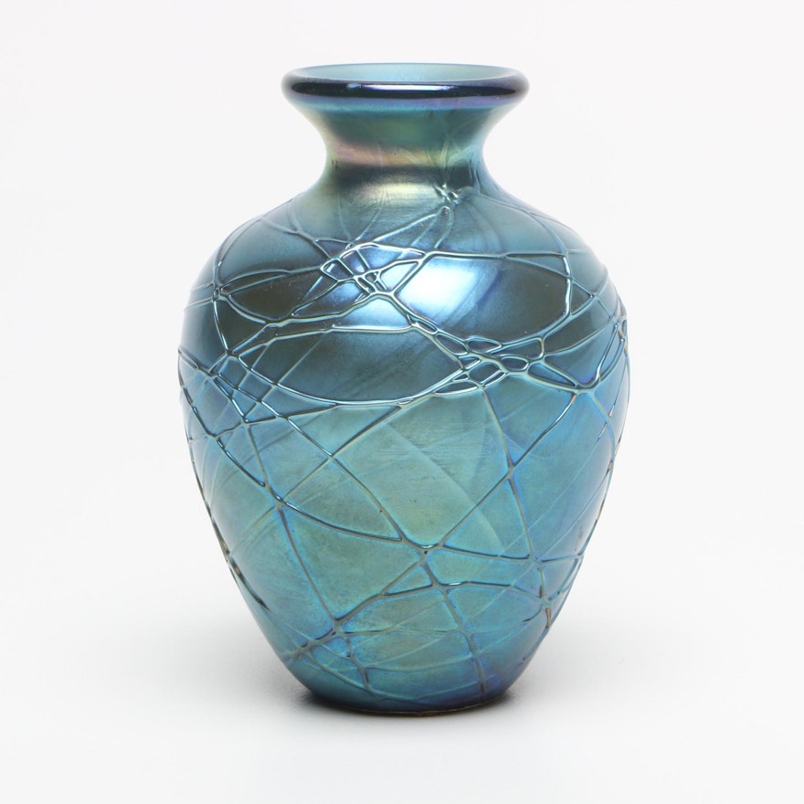 Steven Lundberg Iridescent Blue Art Glass Vase