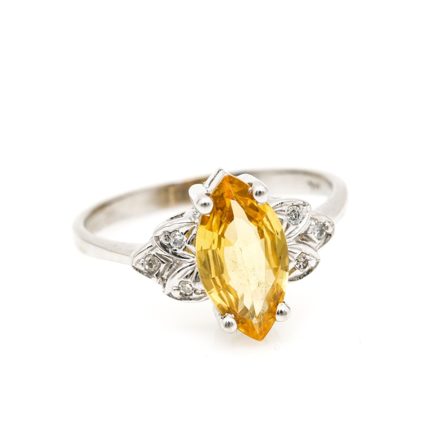 14K White Gold 2.12 CT Yellow Sapphire and Diamond Ring