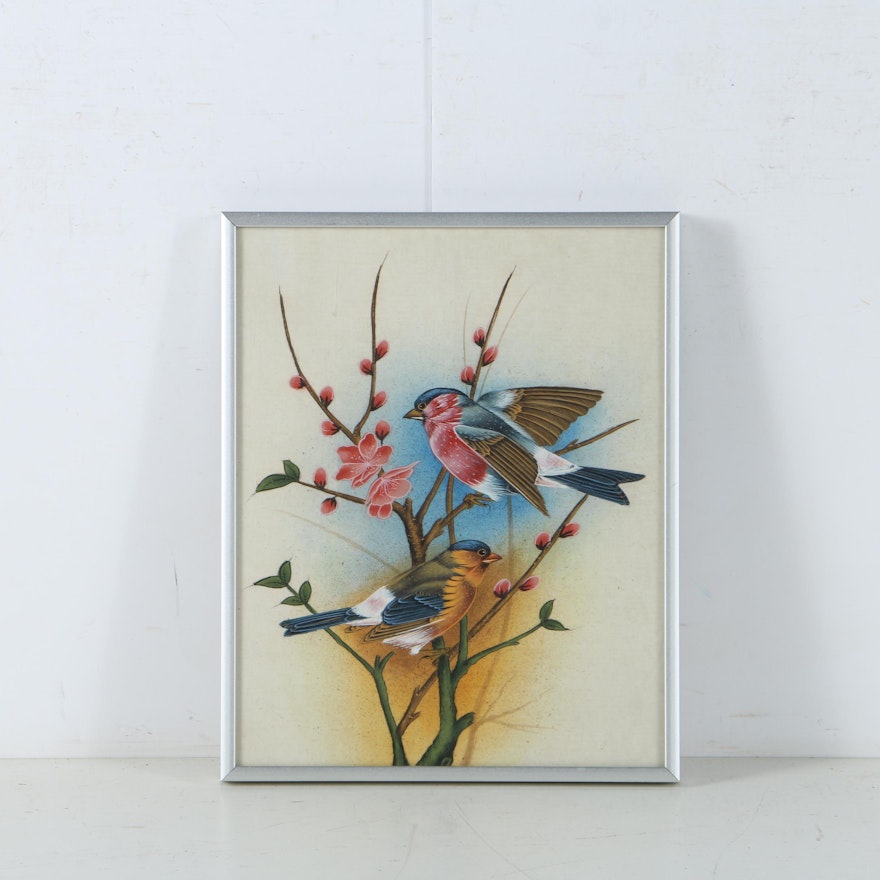 Gouache Painting of Birds on Silk