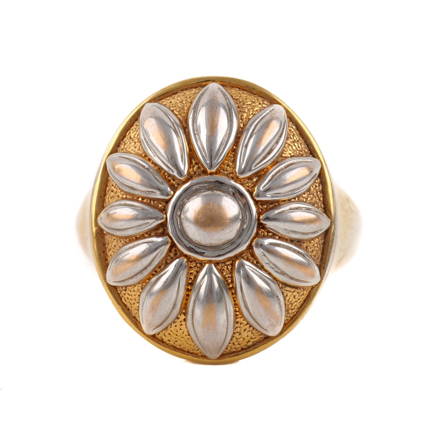 14K White and Yellow Gold Floral Dome Ring