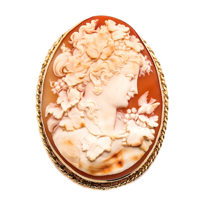 14K Yellow Gold Shell Cameo Converter Brooch