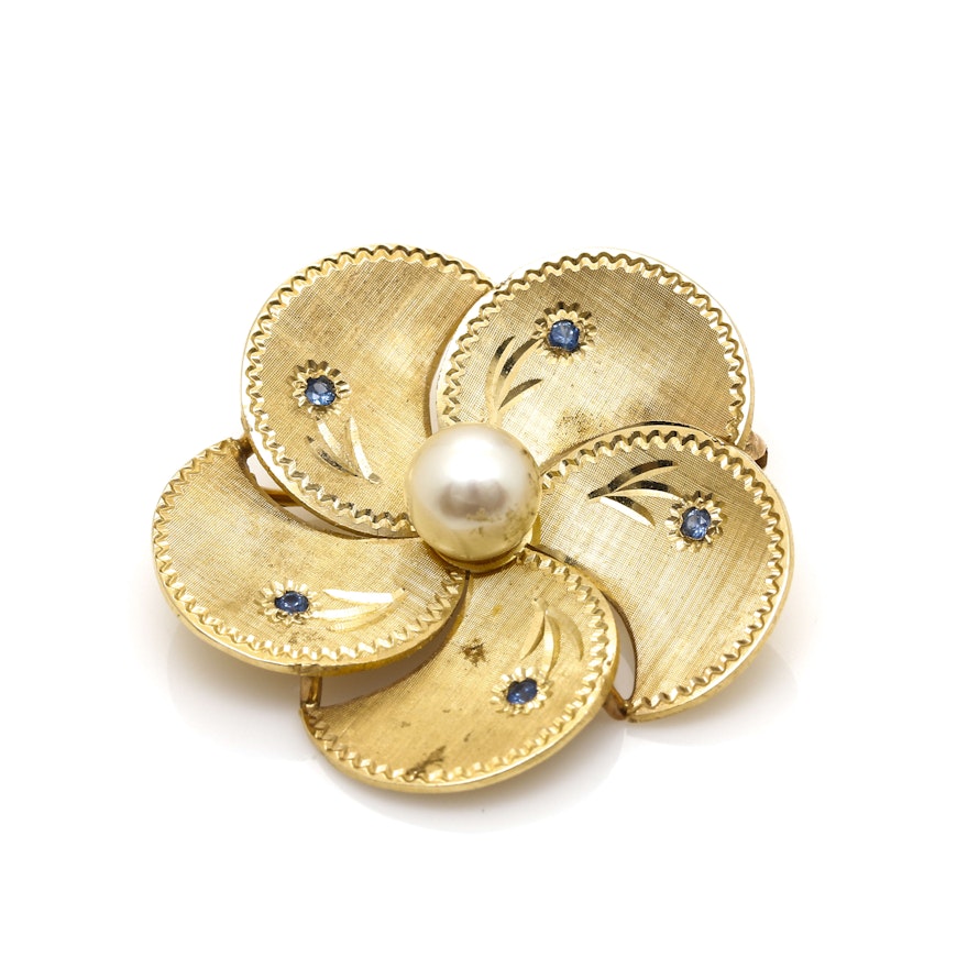 14K Yellow Gold Cultured Pearl and Sapphire Floral Brooch