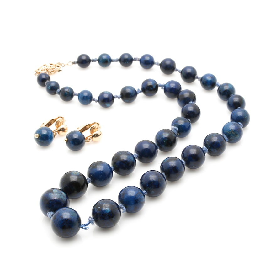 14K Yellow Gold Lapis Lazuli Bead Necklace and Earrings