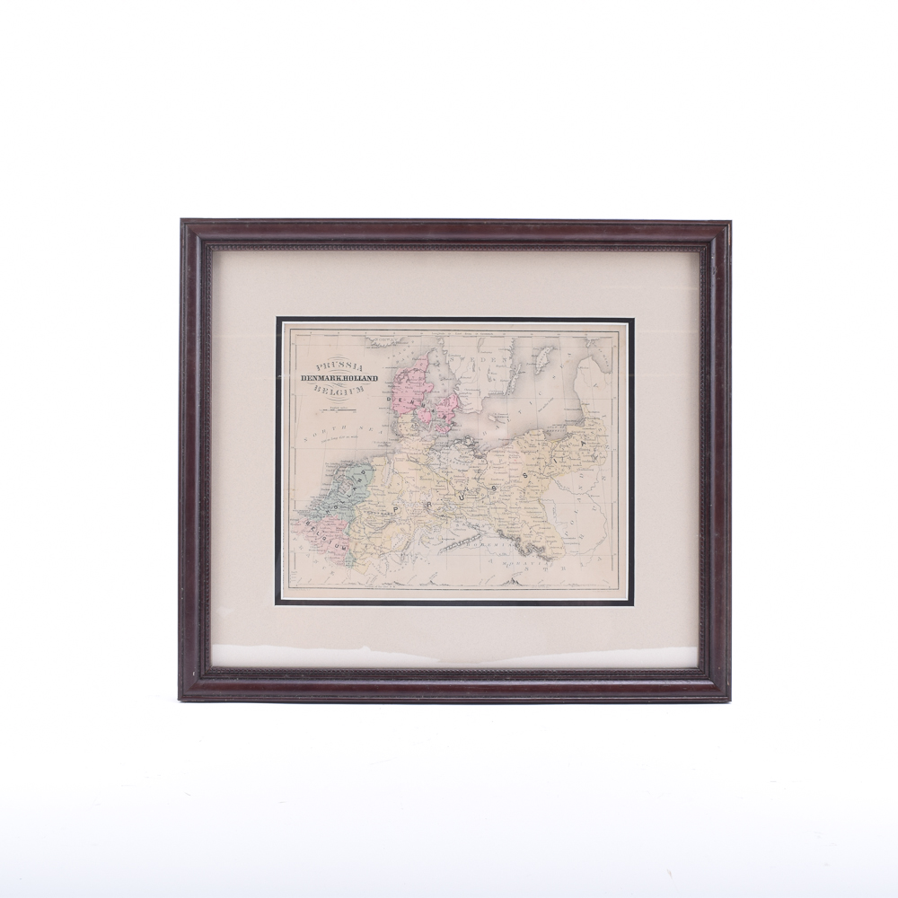 1862 Original Framed Engraved Map of Prussia and Belgium