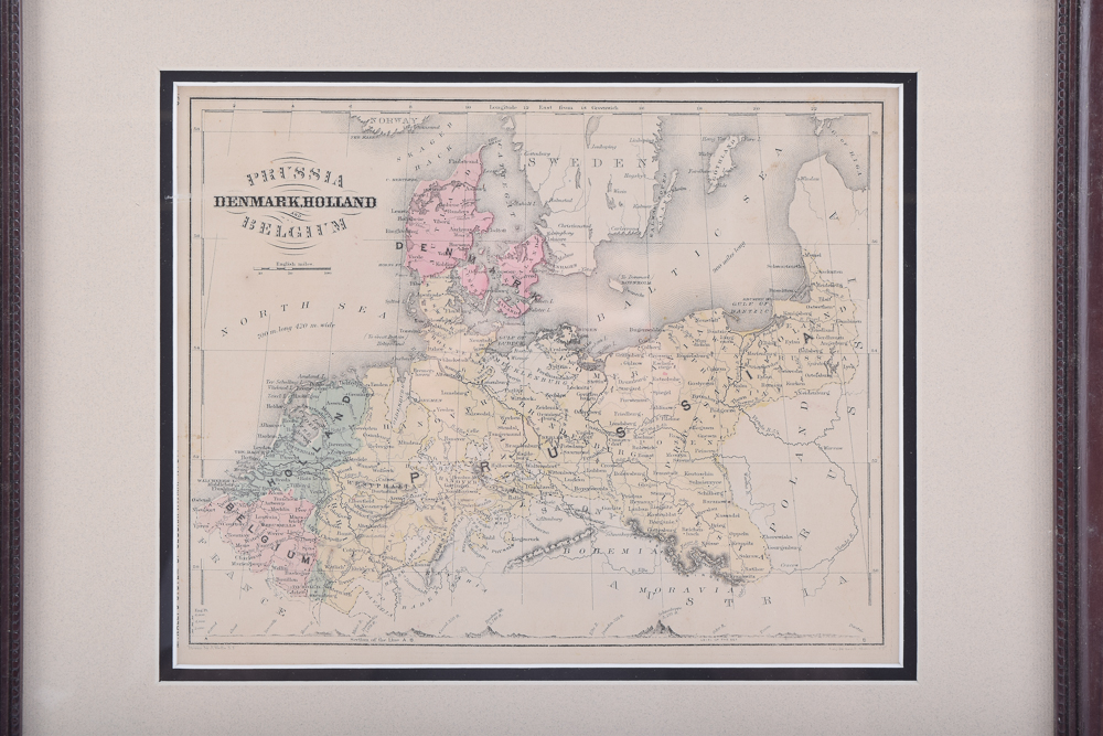 1862 Original Framed Engraved Map of Prussia and Belgium