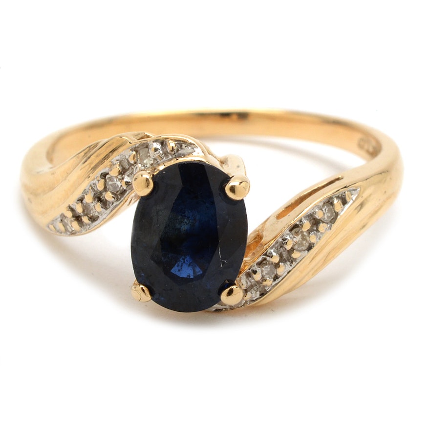 14K Yellow Gold Blue Sapphire and Diamond Bypass Ring