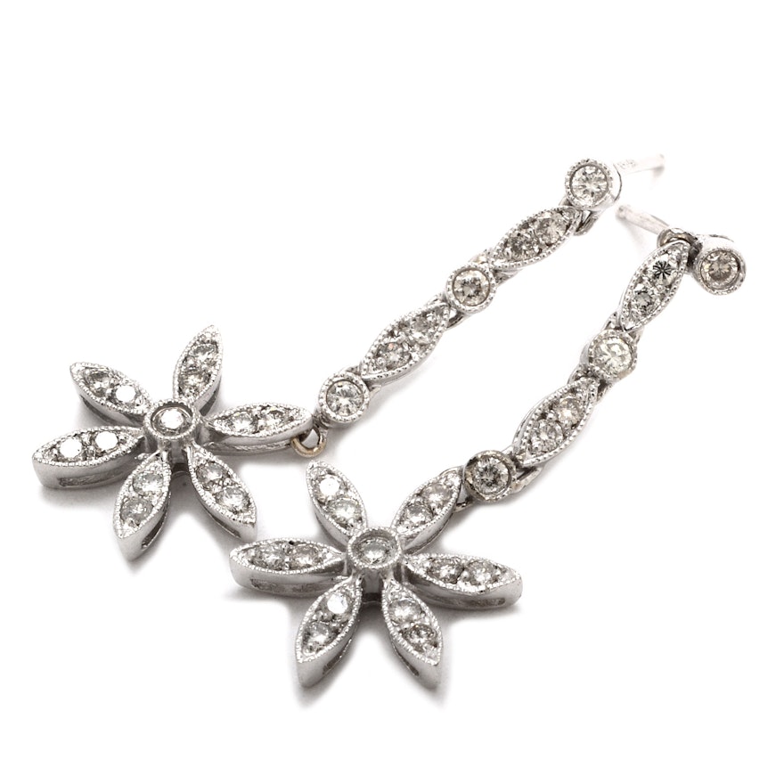 14K White Gold Diamond Flower Dangle Earrings