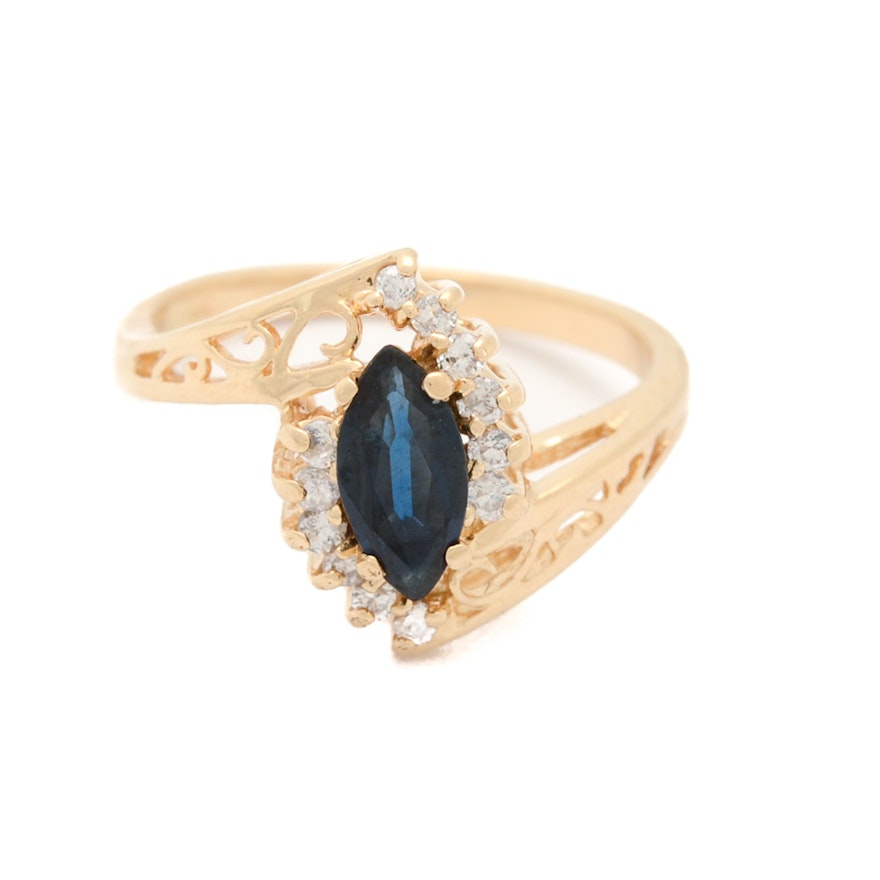 14K Yellow Gold Marquise Sapphire and Diamond Bypass Ring